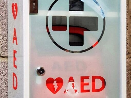 Image of a box containing an Automated External Defibrillator (AED)