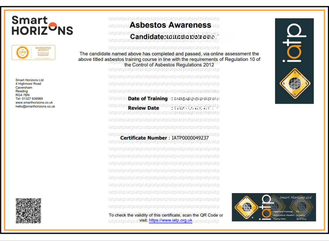 Example of IATP Certificate for Asbestos Awareness Course