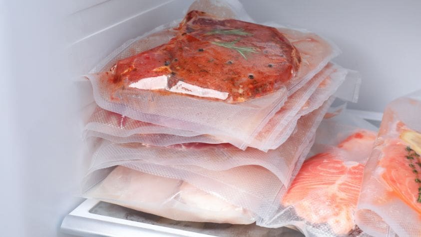 Storage of fresh meat and seafood in a fridge tightly sealed.